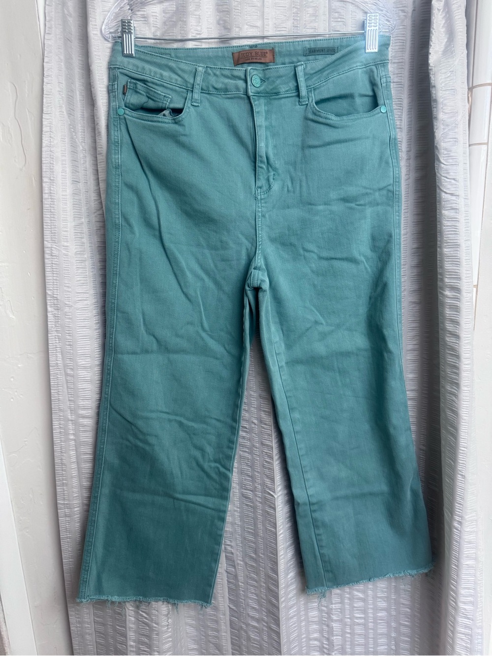 Judy Blue 90s Straight Leg Jean 13/31 Teal Cropped Raw Hem 22.5 Inseam Sea Green